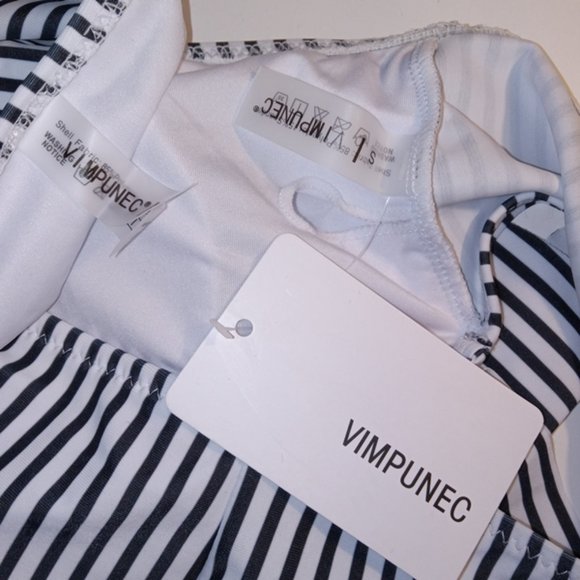 Women’s 2-piece One-shoulder Doubled Ruffled Black & White pinstripe bikini NEW - Picture 5 of 7